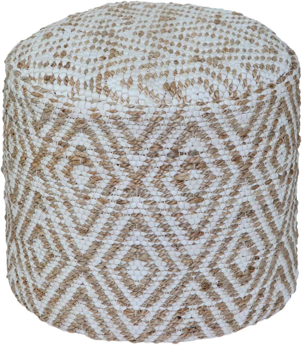 Ronde Zachte Poef met Diamantpatroon - Handgeweven Gevulde Voetenbank - 45 cm
