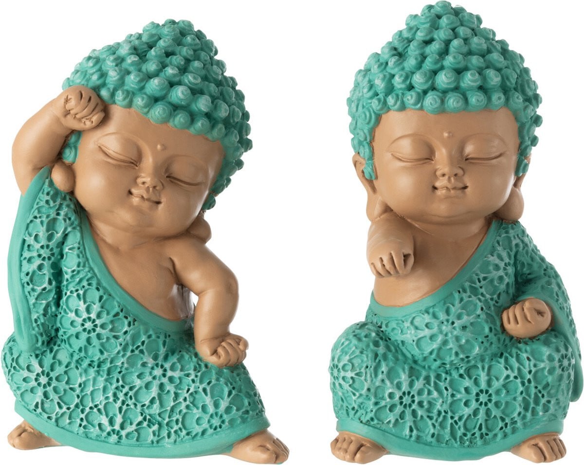 J-Line Decoratief Figuur Monniken Vechten - Polyresin - Azuurblauw - 2 stuks