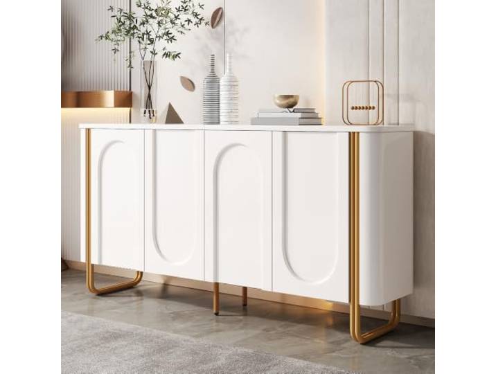 BXEYXE Sideboard Anrichte MDF Eisenfüße 4 Türen Bogenrelief abgerundete Ecken Push-to-Open gestaffelter Stauraum Wohnzimmer