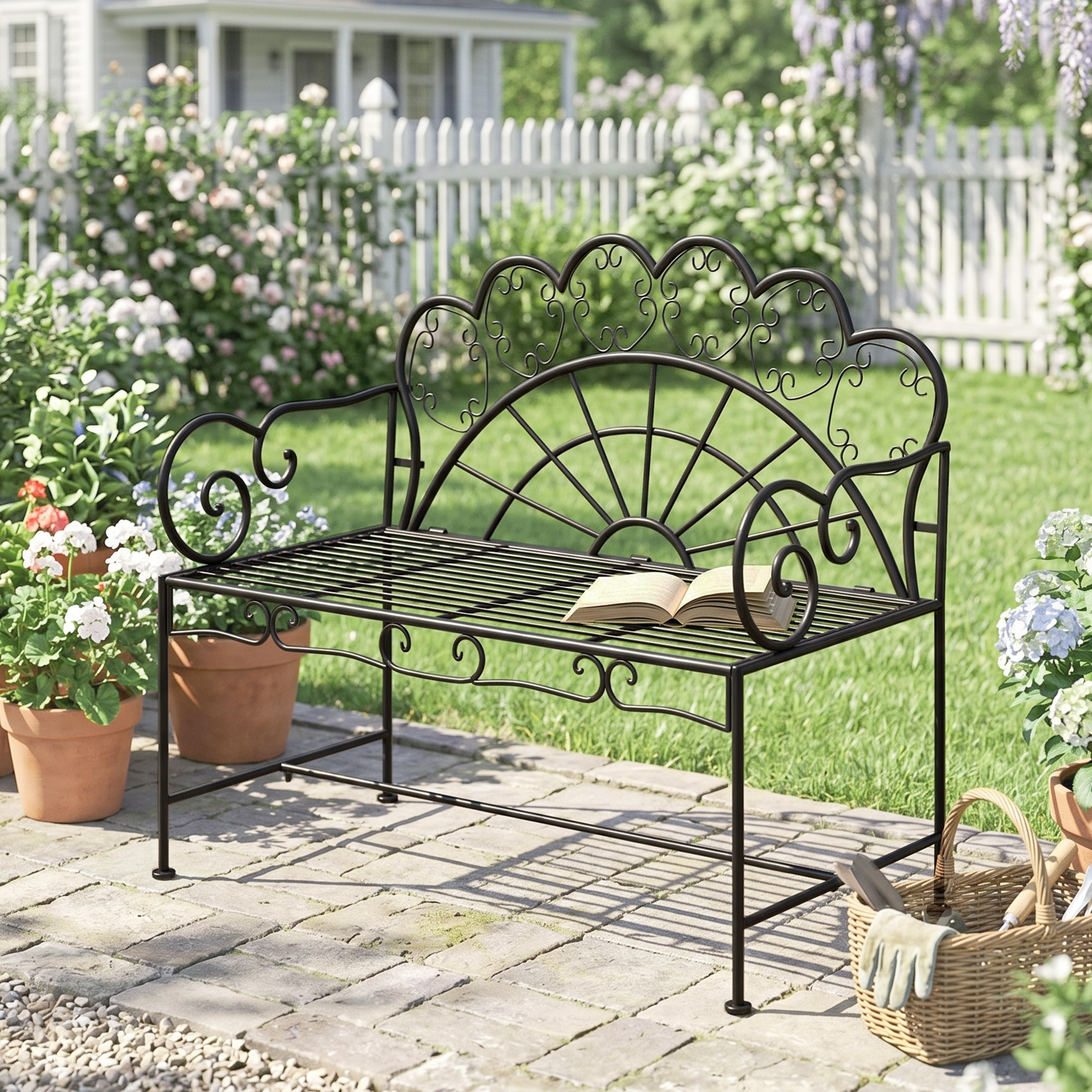 Outsunny Panchina da Giardino Biposto Stile Classico in Ferro 113 x 56.5 x 90.5cm, Nero