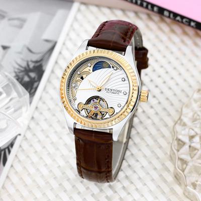 Youfap Market Luxury Fashion Casual Leather Watch For Ladies, Flywheel Double Hollowed Automatic Mechanical Waterproof Timepiece green