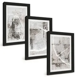 BILDER SET 3er Set - 20x30 cm Schwarzer Rahmen - Graue Holzmaserungsmuster