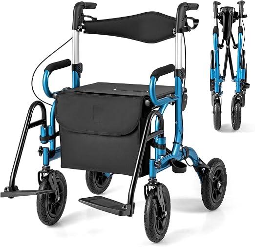 2 in 1 Rollstuhl & Reiserollator, Rollator aus Aluminium mit faltbarem Design, schwarzer Reiserollator mit Höhenverstellsystem, Rollstuhl mit Tasche & Stockhalter (Blau)