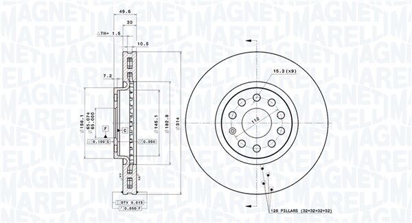 Magneti Marelli Bremsscheibe 360406148501 Innenbelüftet-Belüftung Mit Tropfenförmigen Flügeln 314mm 30mm Für Vw Audi (Faw) Skoda (Svw)