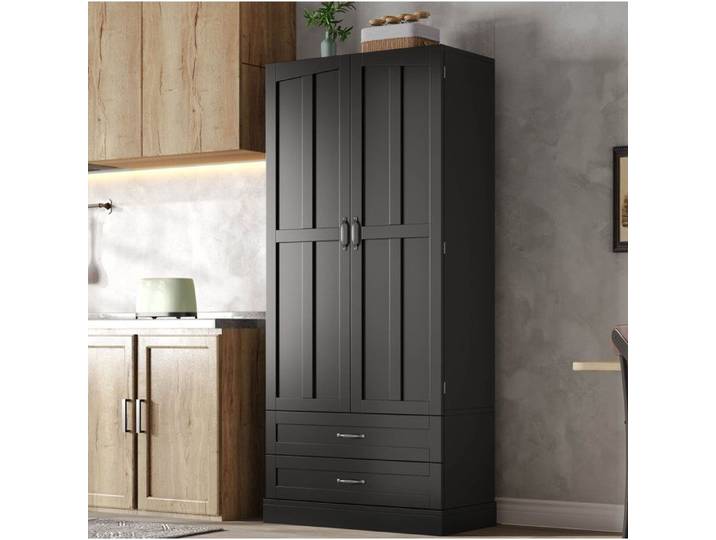 Colonne de Cuisine 2 Portes 2 Tiroirs et 3 Étagères Coulissantes - ELVMI - MDF Noir Cuisine 80×38×180 cm