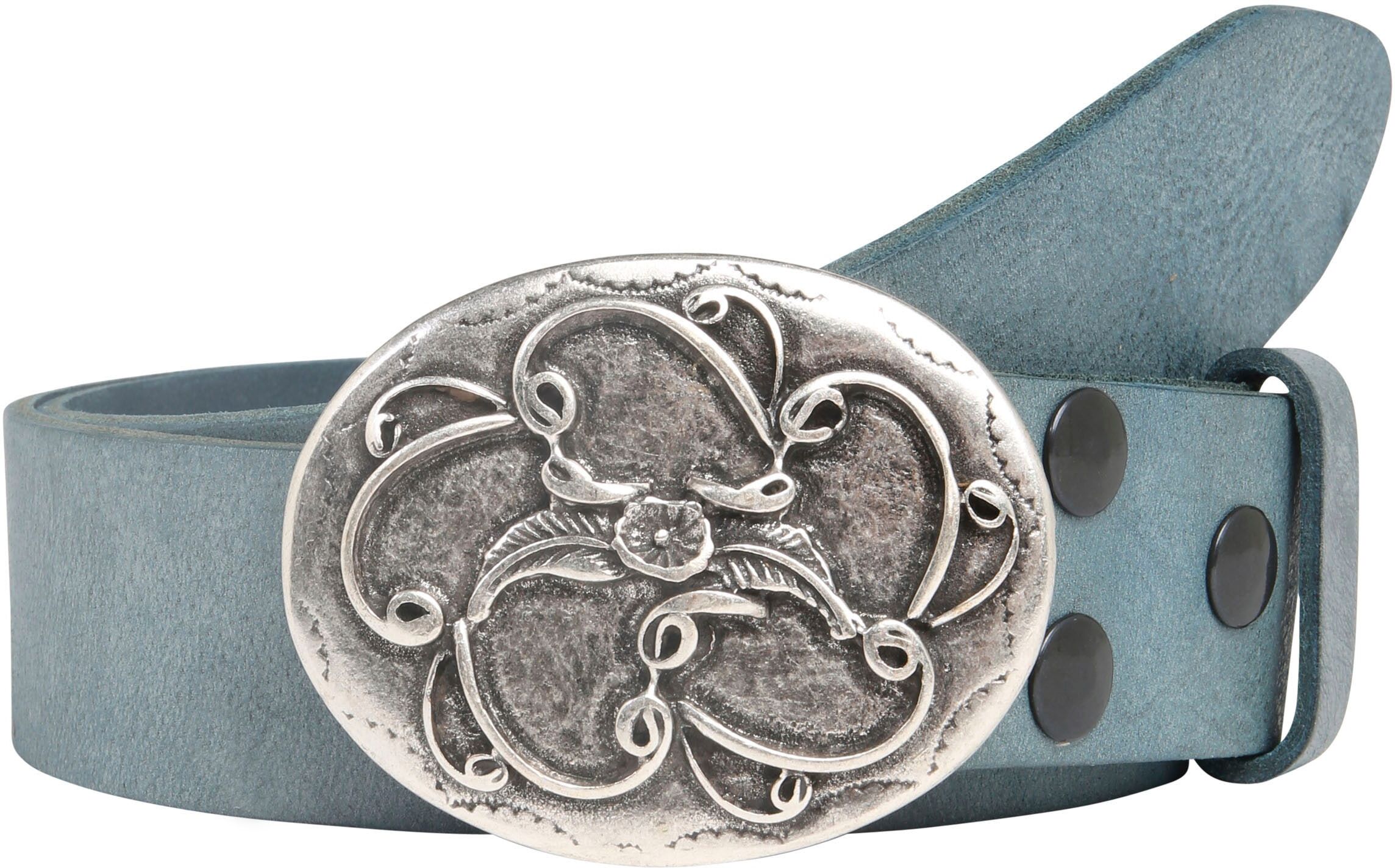 Ledergürtel RETTUNGSRING GÜRTEL, Damen, Gr. 105, blau (jeansblau), Leder, unifarben, Gürtel Ledergürtel, mit austauschbarer Schließe »Blume Schnörkel«