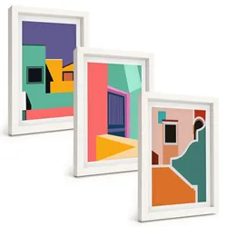 BILDER SET 3er Set - 20x30 cm Weißer Rahmen - Farbenfrohe Illustrationen der Stadt