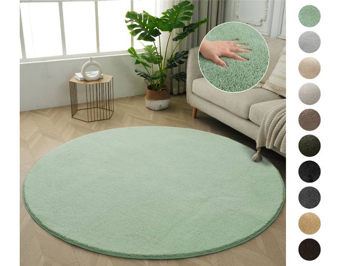 Teppich GOODPRODUCT Cali , grün, H:16mm Ø:180cm, Kunstfaser, Microfaser, Teppiche, Teppich, Uni-Farben, kuschelig, & weich, waschbar, Wohnzimmer, Schlafzimmer