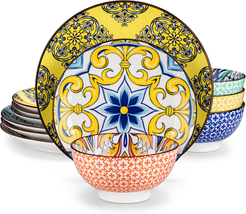 Vancasso 12-Piece Stoneware Dinnerware Set, Multicolor Set, Service For 4 People, Dinner Plates, Dessert Plates And Bowls Set Yellow;Red;Blue;Colorful 12