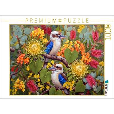 CALVENDO Puzzle Kookaburra zwischen Blüten ihrer Heimat | 1000 Teile Lege-Größe 64x48cm Foto-Puzzle für glückliche Stunden