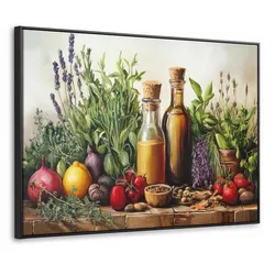 LEINWAND Bilder mit Rahmen - Stilleben - Kräuter - Gewürze - Früchte - Farbenfroh - 80x60