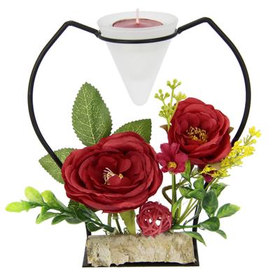 Teelichthalter I.GE.A. "Rose", rot, B:17cm H:19cm, Glas, Metall, Polyester, Kerzenhalter, Teelichthalter, Metall Glaseinsatz Teelichtkerze Kunstblumen Kerzenständer Advent 3D