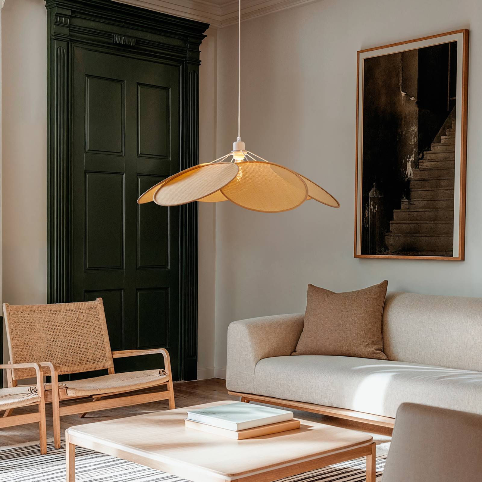 Pendant Light Astraia Lindby, dimmable, Cream / amber, Living / Dining Room, Textile / fabric / silk, Country House / Rustic, Ceiling Light