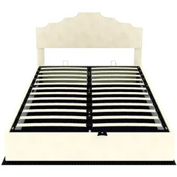 OKWISH Polsterbett Stoff Beige 160x200 cm mit geometrischem Kopfteil, Metallrahmen und Lattenrost, matratzentauglich