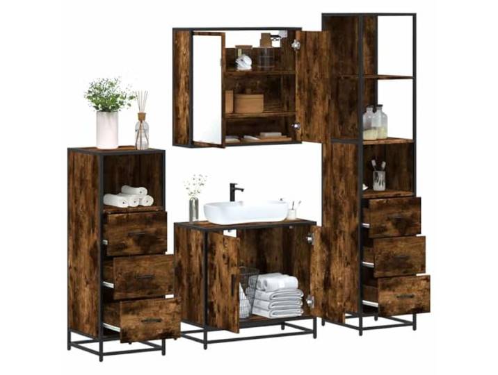 Jkghdrt 4-TLG. Badmöbel-Set Räuchereiche Holzwerkstoff mit Metallgestell Waschbeckenunterschrank, Spiegelschrank, Lowboard, Wandmontage, Feuchtigkeitsbeständig, Stauraum