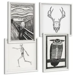BILDER SET 4er Set - 50x50 cm & 40x60 cm Weißer Rahmen - Inspiration Schrei Schädel Eule