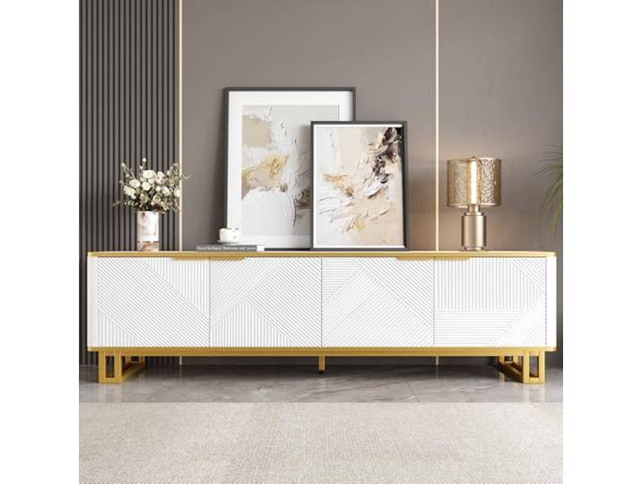 BTM TV-Schrank mit Vier Türen, TV-Ständer, TV-Paneel, niedriger Ständer. Einzigartiges Design, geometrische Textur. 160x37,5x48cm (L x B x H)