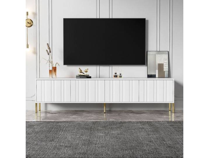 Meuble TV de 190 cm avec 4 Portes Meuble Télé Blanc avec Pieds de Table Dorés Design de Porte Rainurée 190 x 38 x 48 cm Blanc