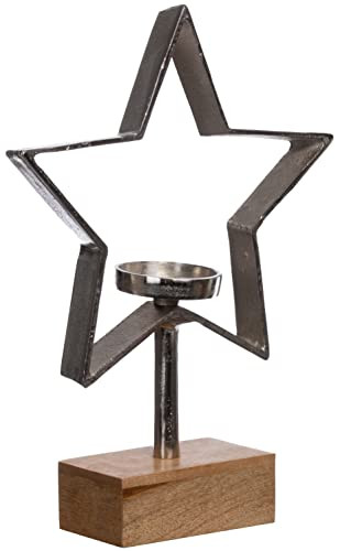 Brandsseller Decoratieve metalen ster met kandelaar op houten platform, zilver