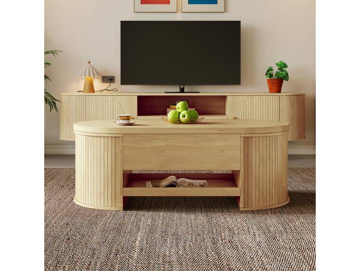 Table basse relevable PINGGO avec côtés en bois courbés, étagère extensible, plateau relevable, meubles multifonctionnels pour le salon