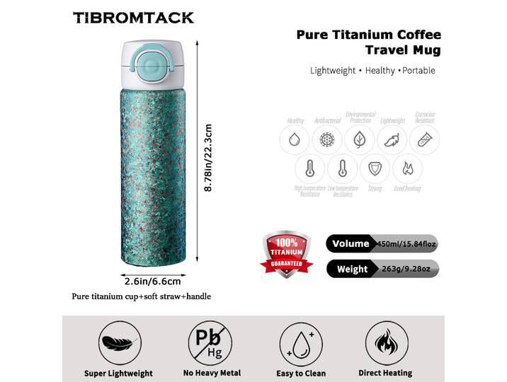 TIBROMTACK Tasse en titane, 450 ml, tasse de voyage en titane pur pour café avec paille souple et couvercle rabattable, tasse isolée légère de 263 g