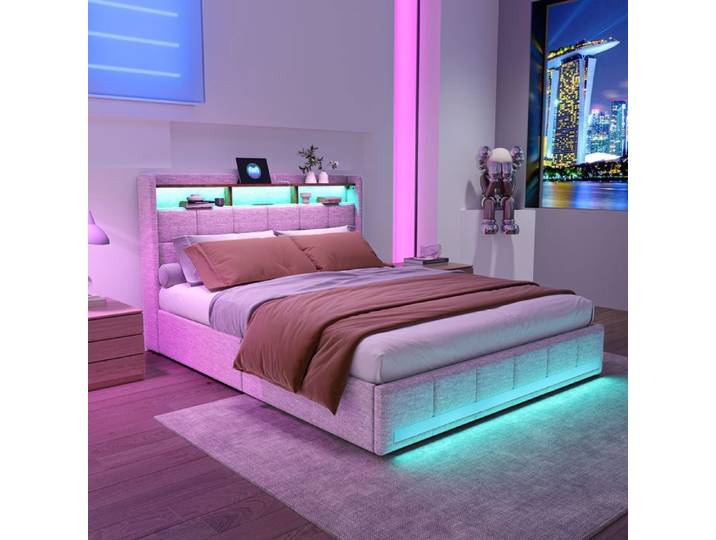 Lit Coffre 180x200 avec Led-DADEA-Lit Capitonné avec Rangement Lit Rembourré avec 4 Tiroirs Lit Double avec Rangement Lin Beige