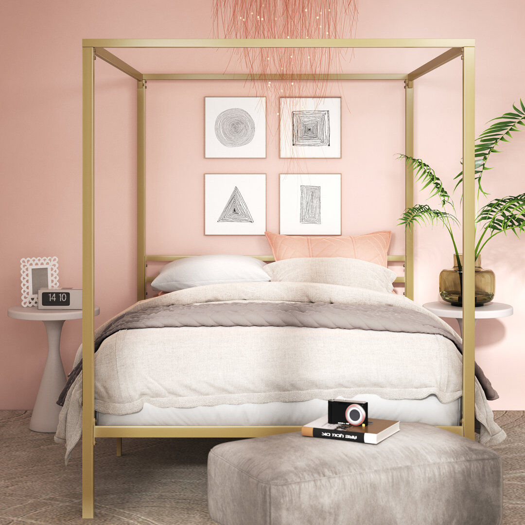 Etta Avenue Toulouse Metal Platform Bed frame with Canopy Frame Gold Super King (6')