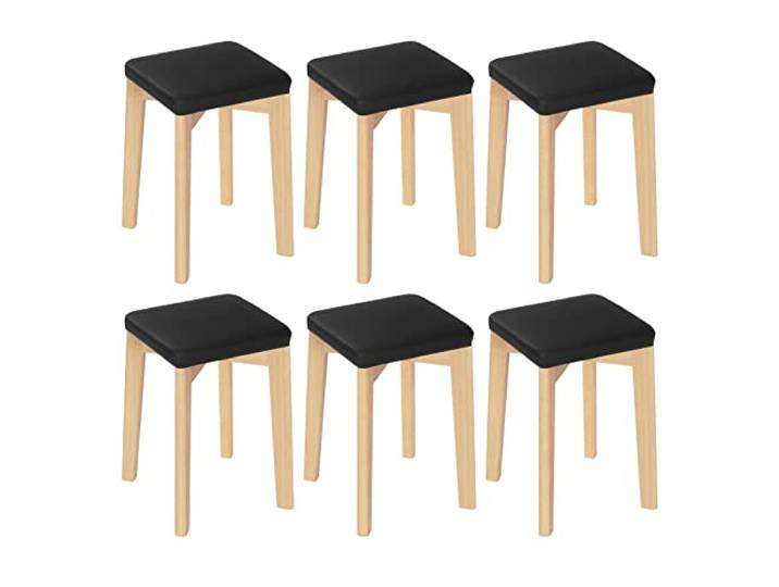 WOLTU Holzhocker 6er Set Massivholz Gepolstert Schwarz PU-Bezug 32,5x47x32,5 cm Esszimmerhocker Küchenstuhl