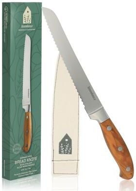 Bloomhouse 8 Inch German Steel Bread Knife W/ Italian Olive Wood Forged Handle