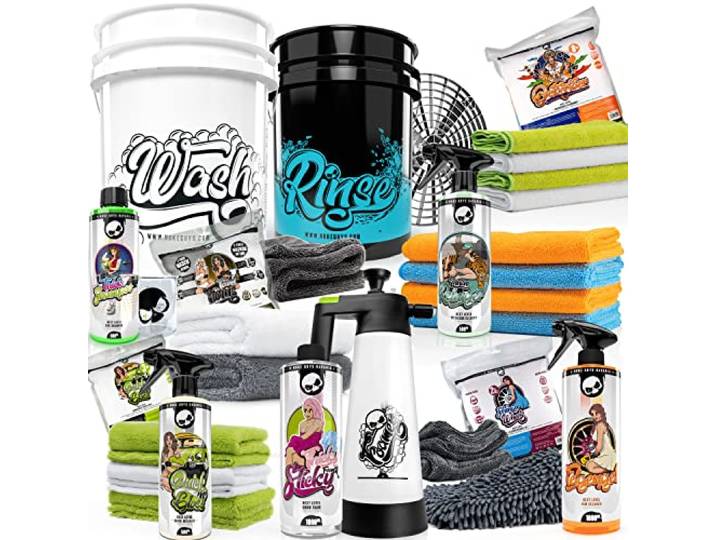 Nuke Guys professionelles Autowäsche Bundle für die optimale Handwäsche - Wascheimer mit Sieb - Waschen - Trocknen - Snow Foam - Felgenreiniger - Quickdetailer - Innenreiniger - passendes Zubehör
