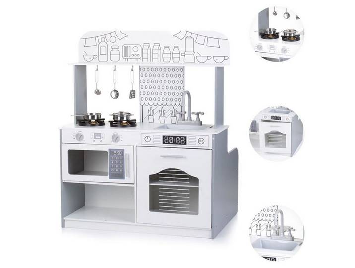 Chipolino Spielküche 2 in 1 98 cm Holz, Holz, Tisch und Hocker, Metalltöpfe, Mikrowelle, Backofen, Spüle