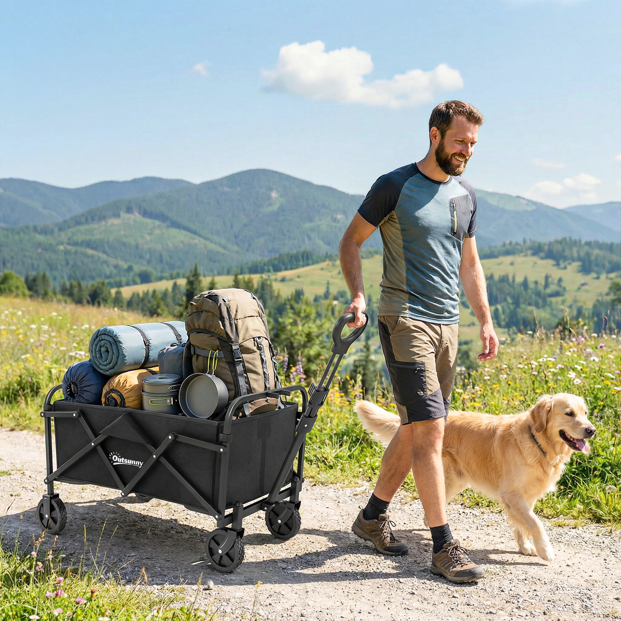 Outsunny Carrello da Giardino Pieghevole 66L con Manico Regolabile e Portabicchieri, Nero   Aosom Italy