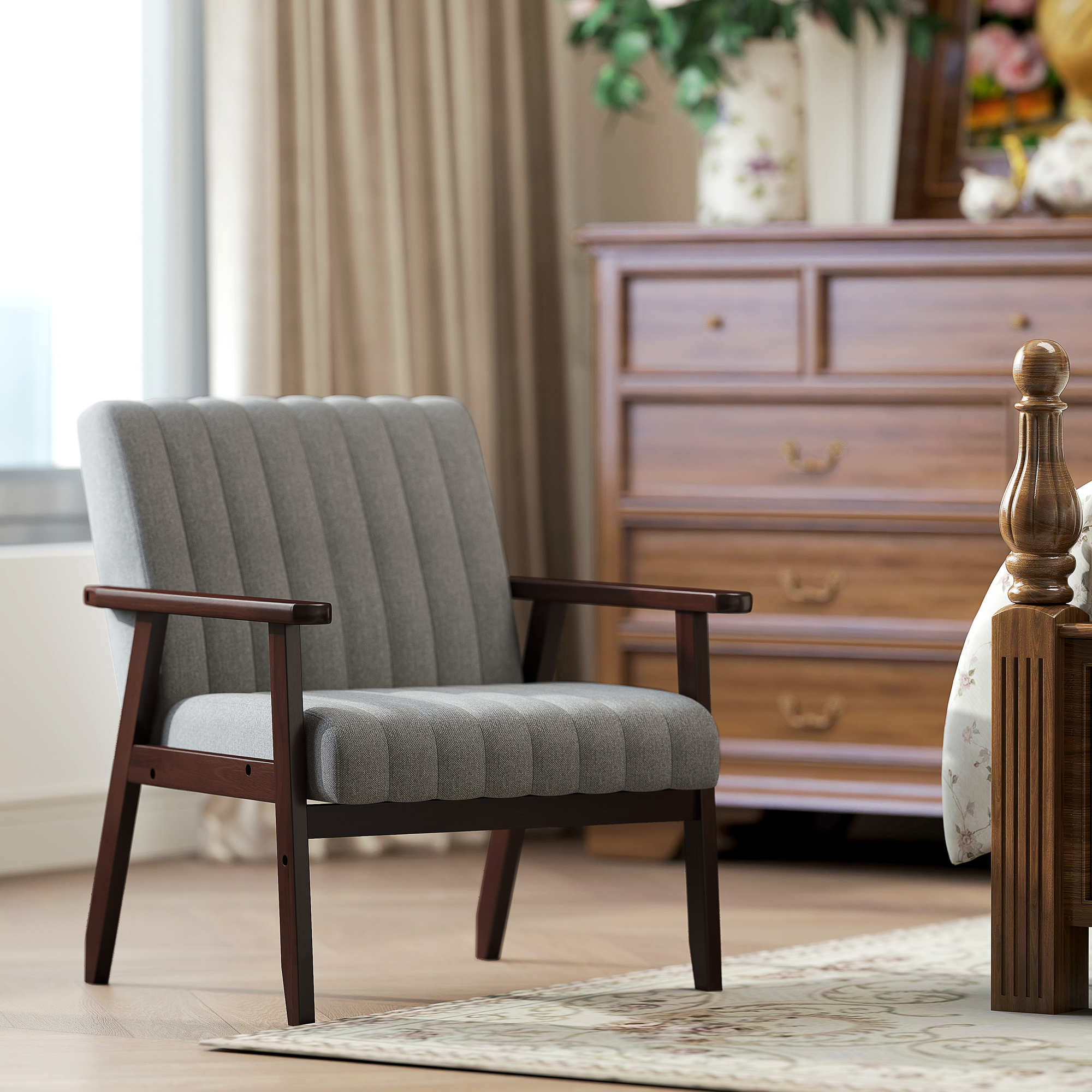 Homcom Poltroncina da Camera Moderna Imbottita in Tessuto e Legno con Cuciture Tubolari, Grigio Aosom