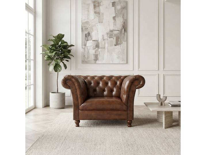 Fauteuil Chesterfield en cuir véritable marron - Henry