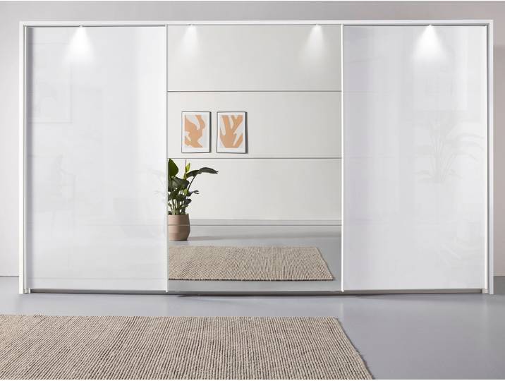 Schwebetürenschrank, Holzwerkstoff, Weiß/Hochglanz, 368×233×68 cm, Mit Spiegel & Beleuchtung, Klassisch, Rauch