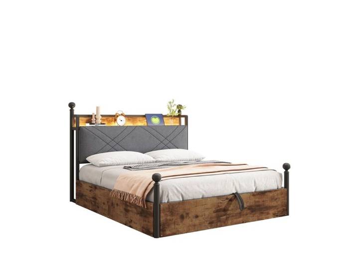 Lit double 140x190 cm - Baldaquin en fer - Eclairage LED - Ports USB - Montants amovibles
