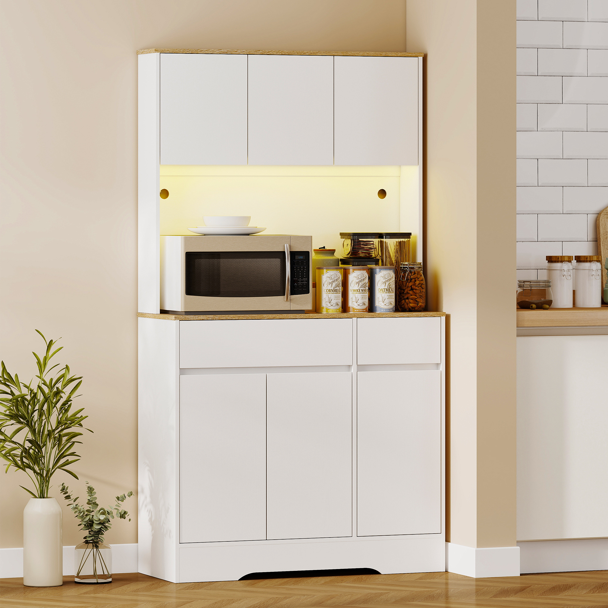 Homcom Buffet cucina mobile cucina alto con luce LED RGB, piano di lavoro, 6 ante, 2 cassetti, bianco   Aosom Italy