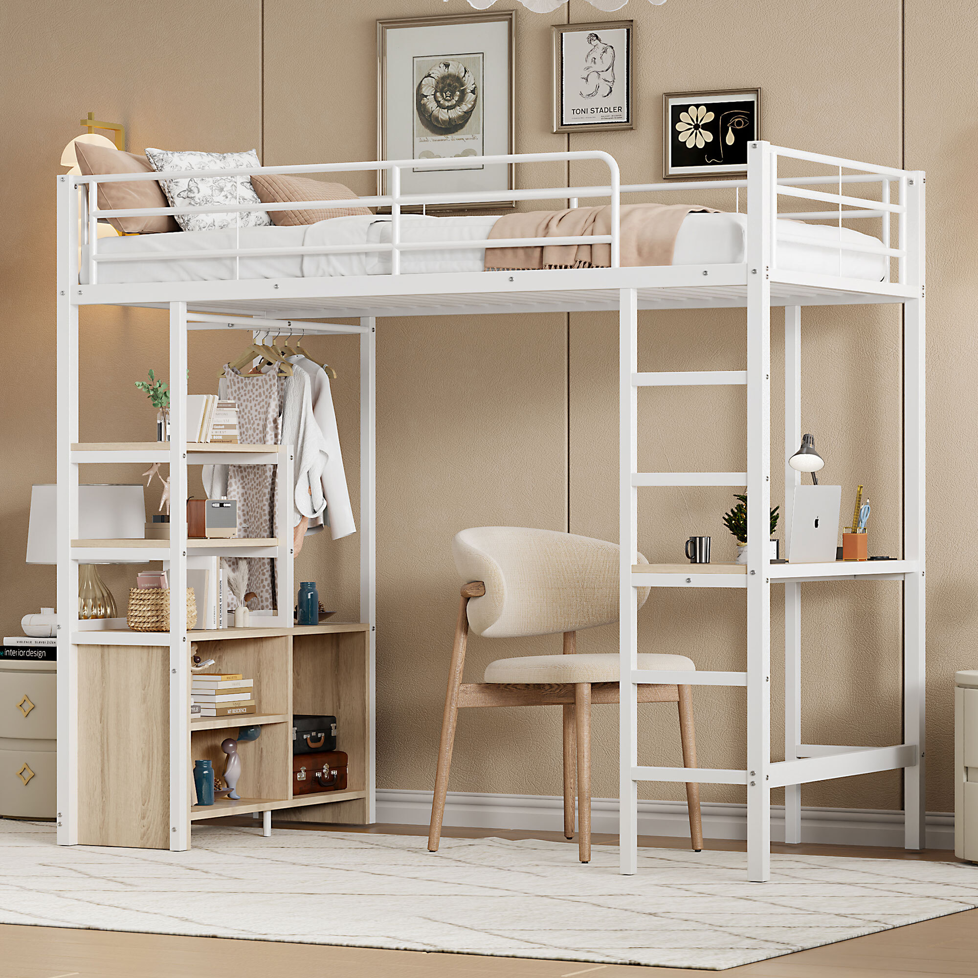 Flieks Etagenbett 90x200cm mit Schreibtisch & Ladefunktion (USB & Steckdose), Hochbett Jugendbett mit Schrank & Regal, Metallbett Kinderbett, Weiß