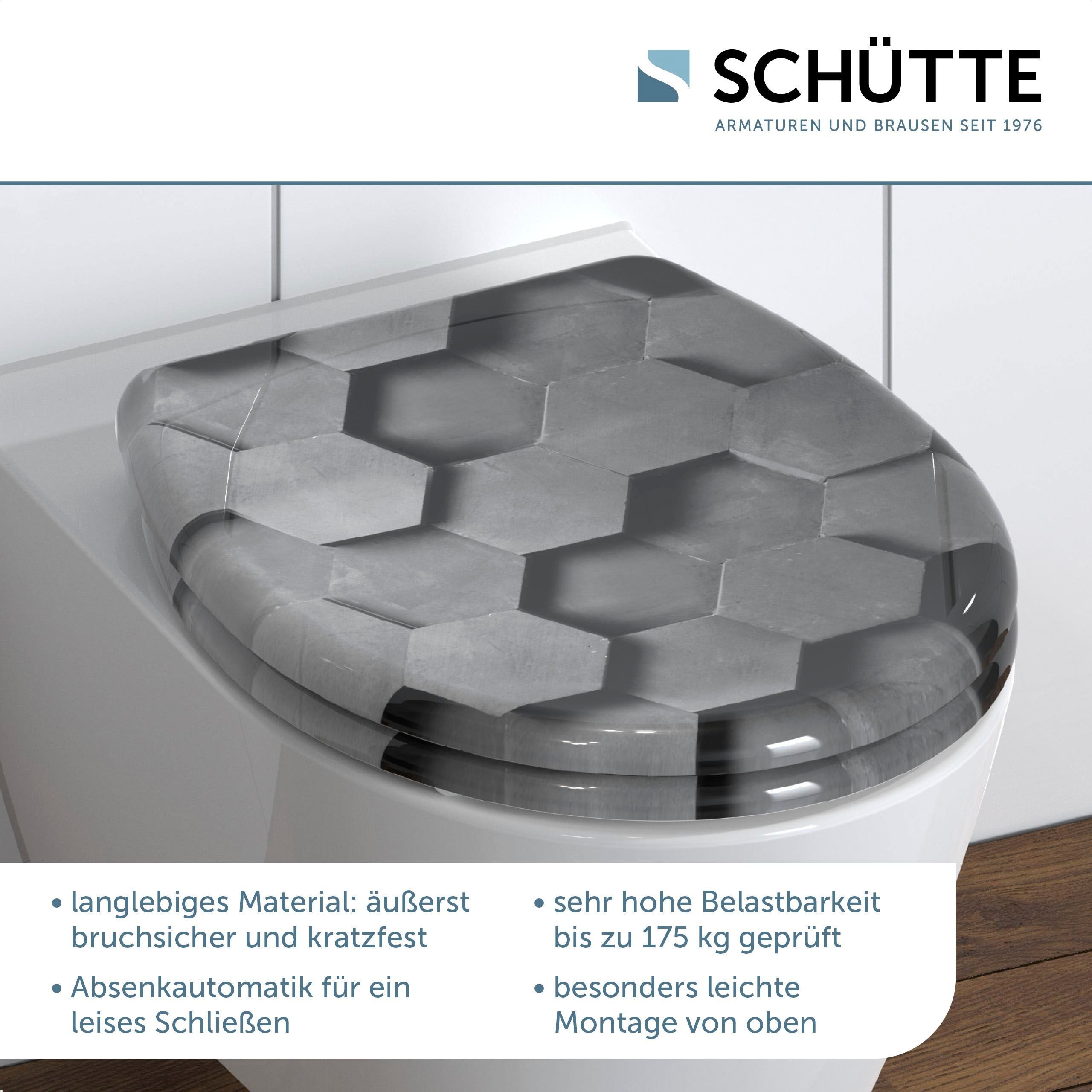 WC-Sitz SCHÜTTE "Grey Hexagons", grau (grau, anthrazit, grau), B:375cm H:4cm L:450cm, Duroplast, WC-Sitze, WC-Sitz, Duroplast, mit Absenkautomatik und Schnellverschluss grau, anthrazit, grau Einheitsgröße