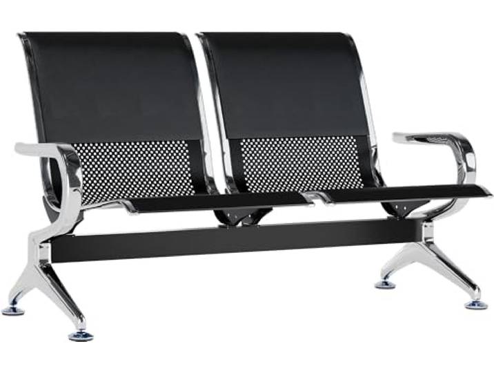 CLP Wartebank Airport mit Kunstlederbezug, Sitzbank mit Metallgestell in Chromoptik, robuste Wartestühle mit Rückenlehne, Farbe: schwarz/schwarz, Größe: 2-Sitzer