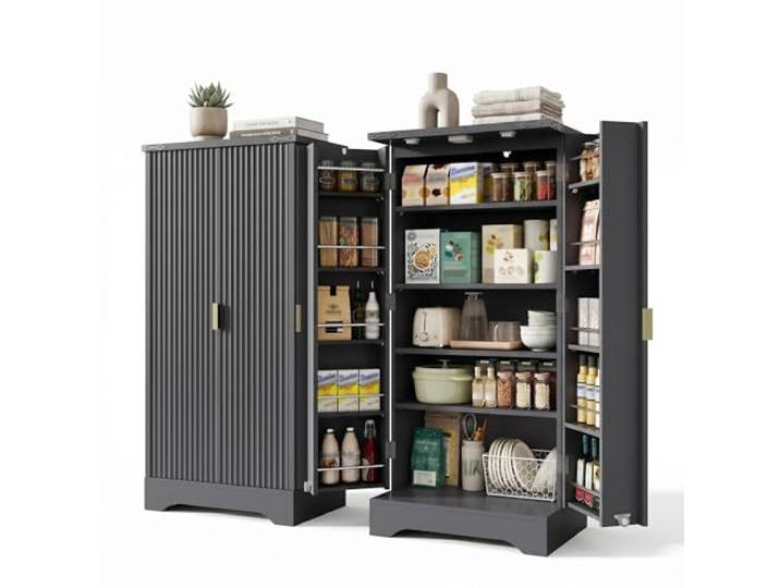 FurnitureR Küchenhochschrank, hoher Küchenschrank 60,5 x 40 x 120 cm, Schwarz, MDF Vorratsschrank mit 2 Türen, LED-Türlicht, für Küche, Vorratsraum und Essbereich, mit Kippschutz zur Wandbefestigung