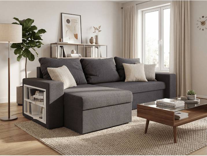 Ausziehbares Ecksofa NORIX 240x140 cm, dunkelgrau mit Regal, beidseitig montierbar + 2 Kissen GRATIS