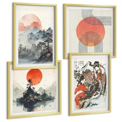 BILDER SET 4er Set - 50x50 cm & 40x60 cm Goldrahmen - Asiatische Landschaften Japandi