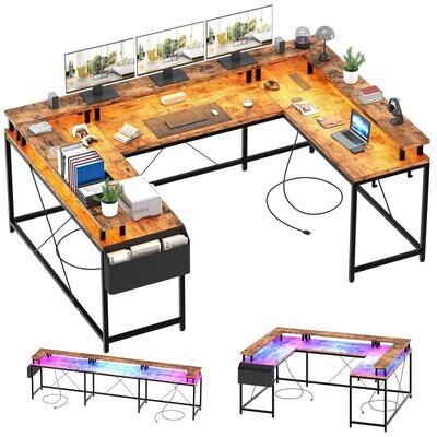 Cathe U Shaped Desk, 126 Inch Gaming Desk with Monitor Stand and LED Lights