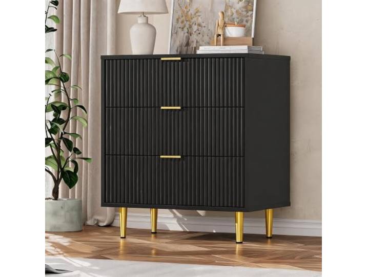 GarveeLife Schmale Kommode Wellenfront 3 Schubladen Kippschutz Schwarz Goldene Griffe, Metallfüße und leise Führung für komfortable Nutzung in Schlafzimmer, Wohnzimmer und Flur