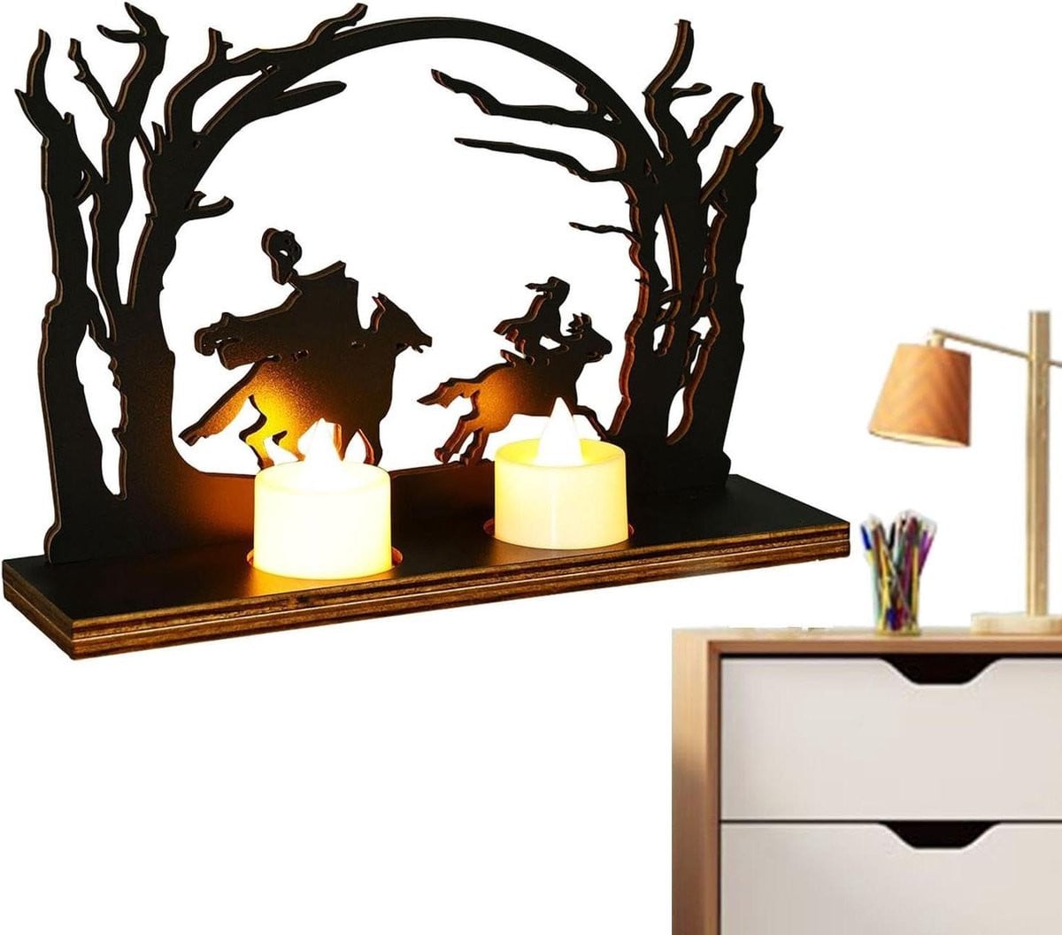 Hoofdloze Ridder Houten Kandelaar met Boom Silhouet - Zwart - 242 cm