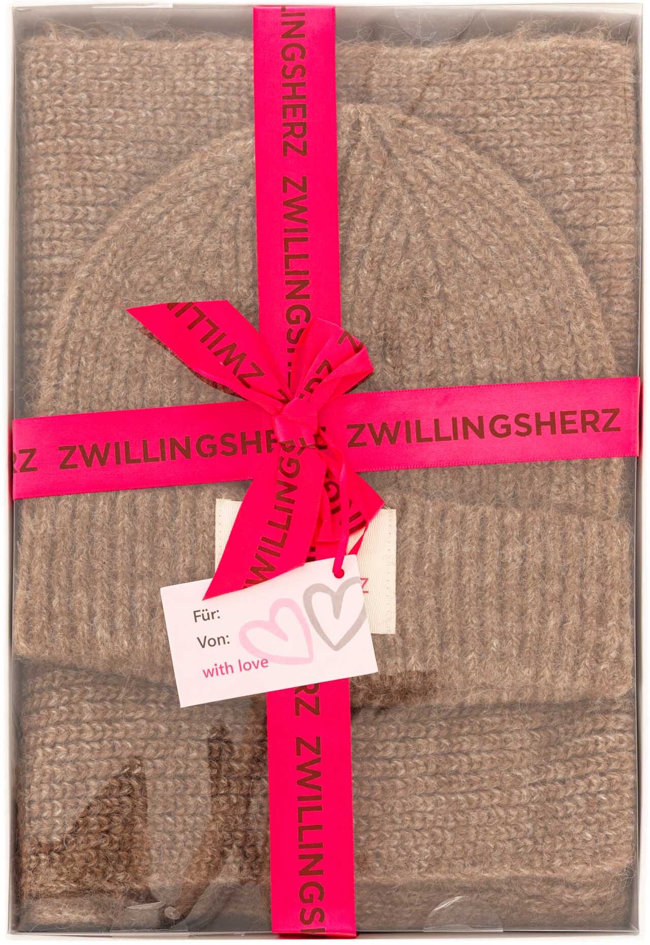 Beanie ZWILLINGSHERZ "Geschenkbox Zwillingsherz Set", Damen, braun (mocca), Strick, Materialmix, Mützen Beanie, Set in Geschenkbox, Schal und Mütze mit Patch, gerippt mocca Einheitsgröße