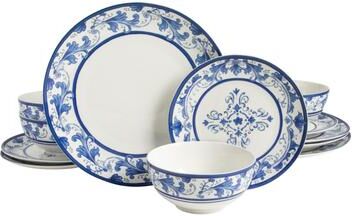 Sur La Table Kitchen Essenitals Sur La Table Plates and Bowls Set, 12 Piece Dinnerware Set for 4, Bone China Ceramic, Mediterranean, Dishwasher & Microwave Safe