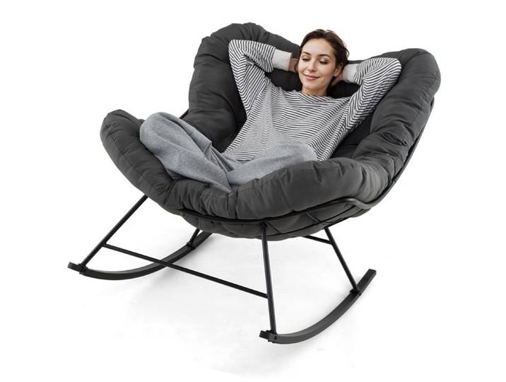 Fauteuil à Bascule - RELAX4LIFE - Coussin Rembourré - Cadre Métallique - Chaise à Bascule - Charge 205KG - 110X95X94CM - Gris