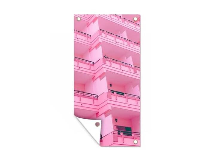 Tuinposter - 80x160 cm - Balkon - Zomer - Roze - Architectuur